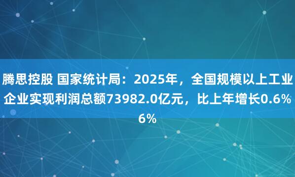 腾思控股 国家统计局：2025年，全国规模以上工业企业实现利润总额73982.0亿元，比上年增长0.6%